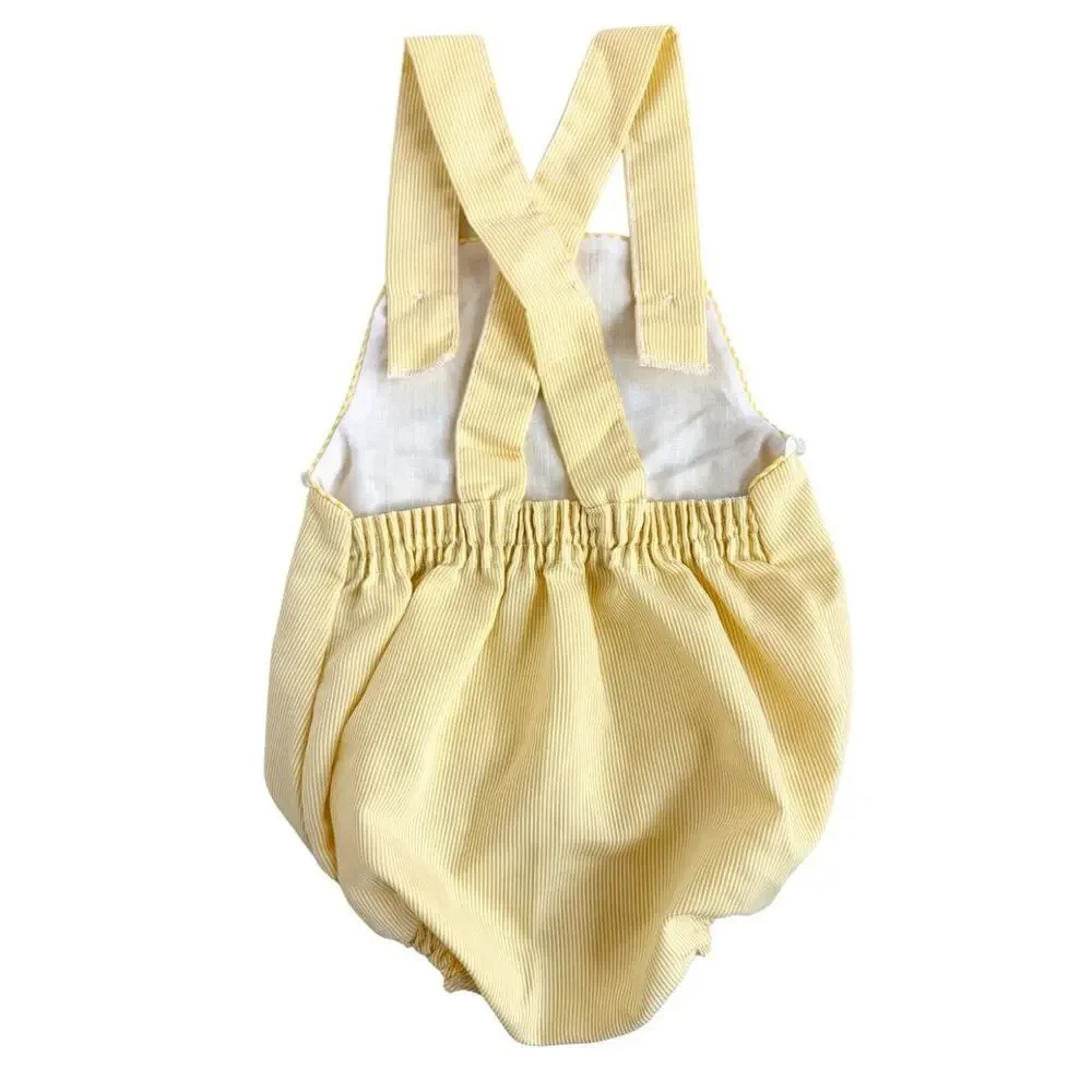 Vintage Baby Girl Yellow Seersucker Bubble Romper Floral Appliqué Spring Sunsuit